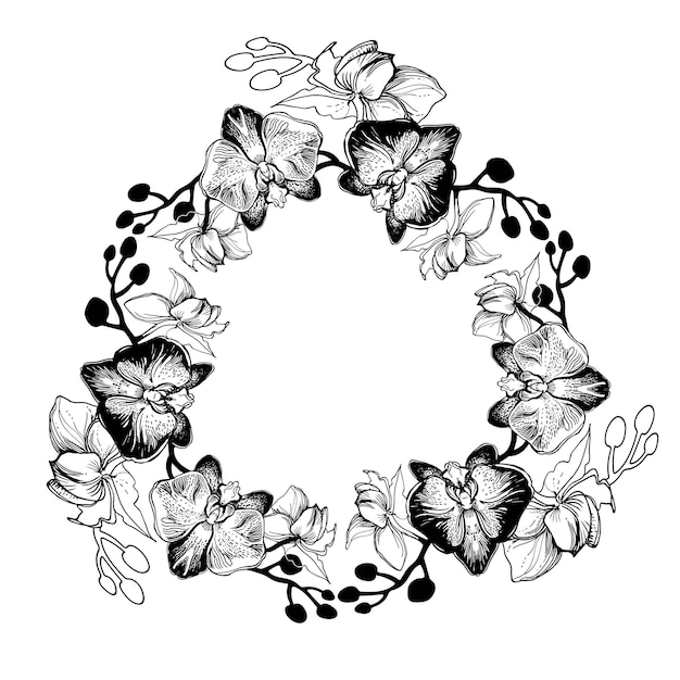 Illustrazione vettoriale in bianco e nero della corona floreale disegnata a mano dall'elemento di design dei fiori di orchidee