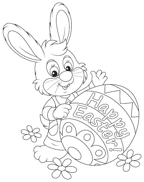 Black and white vector illustration of a happy little bunny and a decorated Easter egg