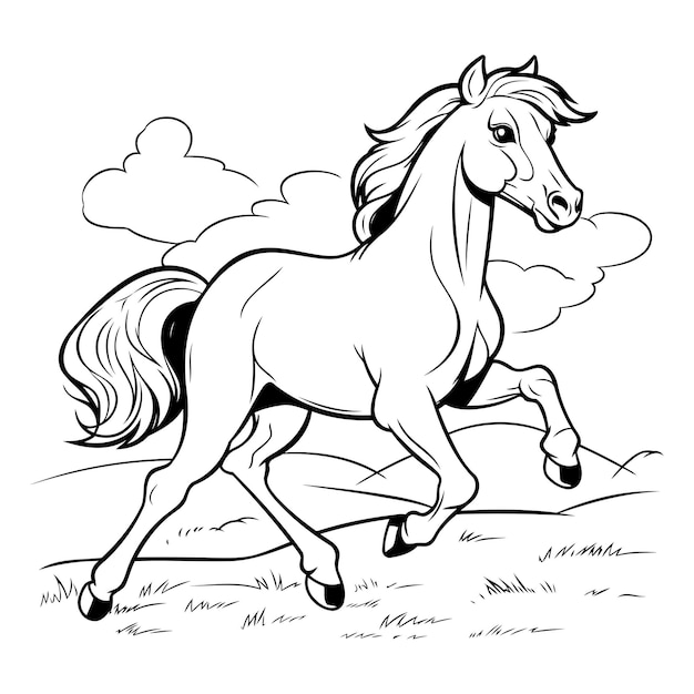 Vettore illustrazione vettoriale in bianco e nero di un cavallo che corre nel campo