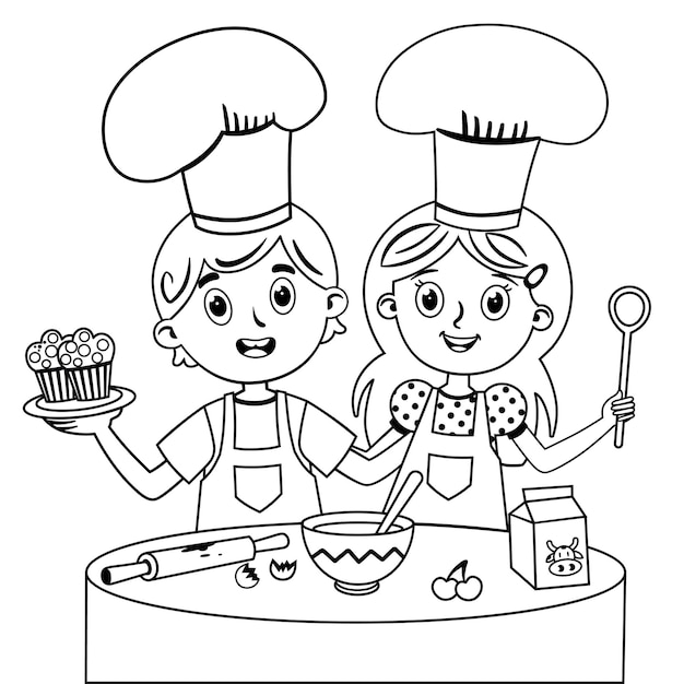 Black and white vector illustration of kids preparing muffin cakes