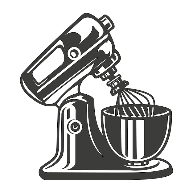 Black and white vector illustration of a mixer on white background.