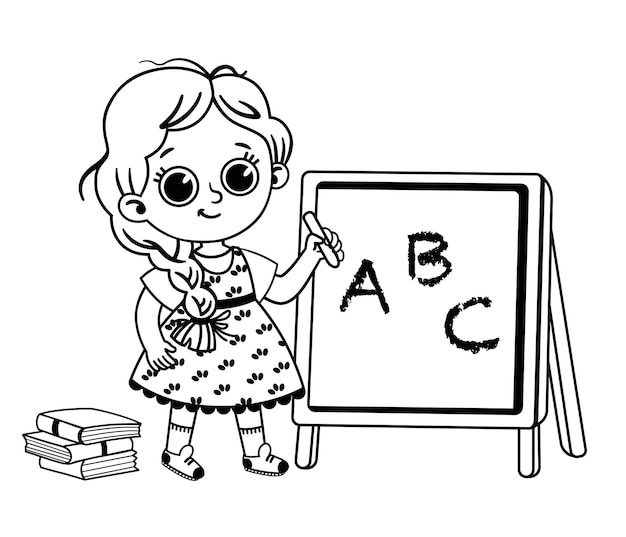 Illustrazione vettoriale in bianco e nero dello studente della scuola primaria davanti alla lavagna