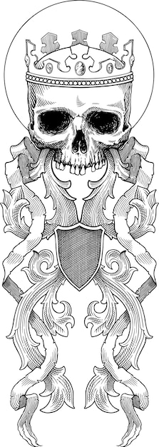 Black and white vector illustration of skull in crown decorated with baroque style ornament