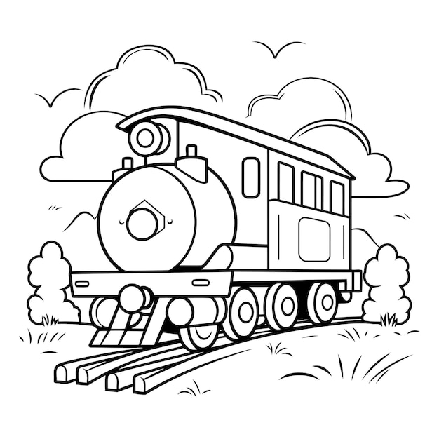 Black and white vector illustration of a steam locomotive Coloring book for children