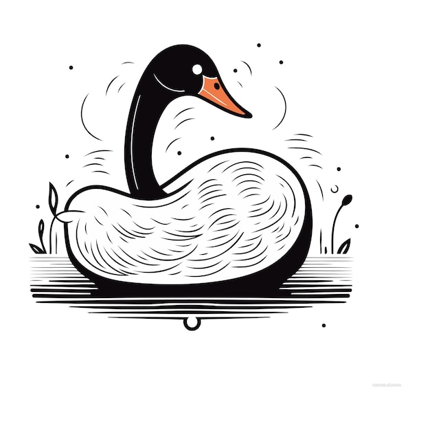 Black and white vector illustration of a swan on a lake