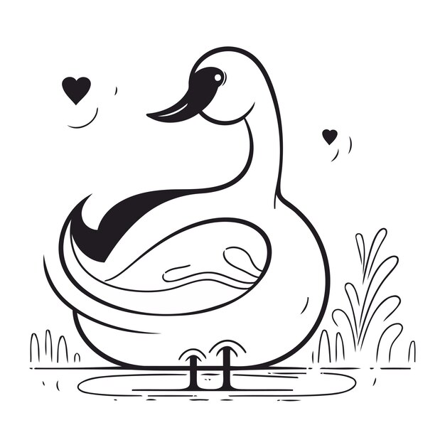 Vector black and white vector illustration of a swan swimming in a pond