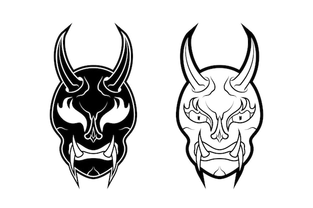 black and white vector illustration of a traditional Japanese demon oni mask line art style