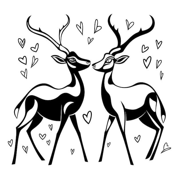 Black and white vector illustration of two deers in love with hearts