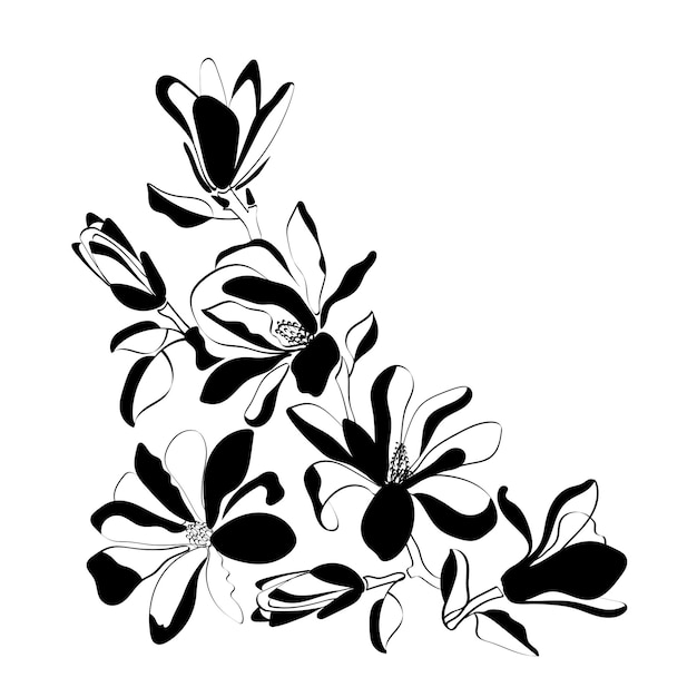 Vector black and white vector illustration with magnolia flowers for fabric background print