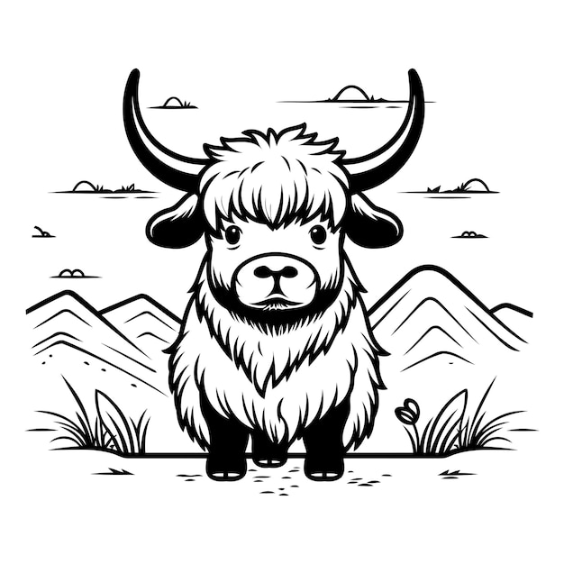 Black and white vector illustration of a yak standing in the grass