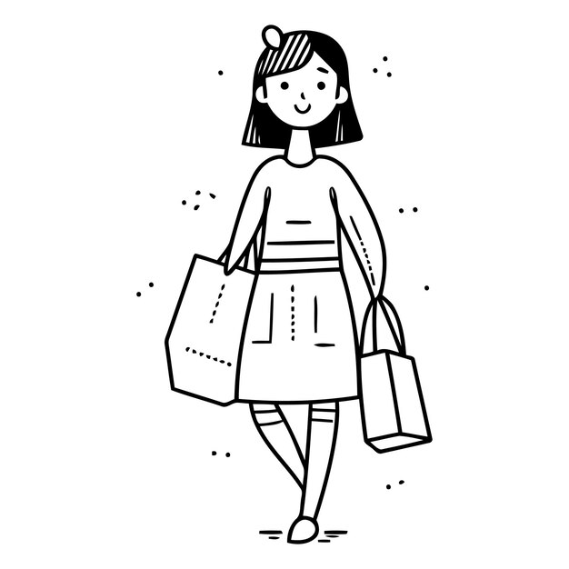 Vector black and white vector illustration of a young woman with shopping bags