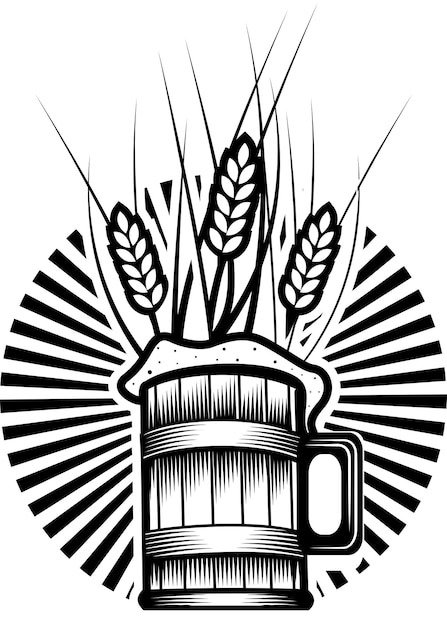 Black And White Vector Image Of A Pint Of Beer And Barley Plant Food Illustration