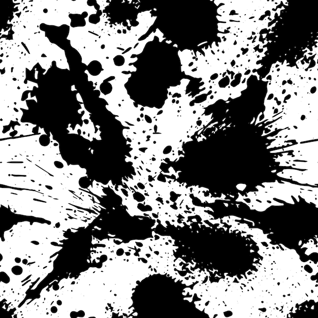 Black and white vector ink splash seamless pattern, monochrome dirty graphic art repeat backdrop with overlap acrylic spots, scanned and traced.