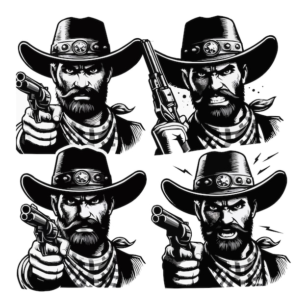 Black and white vector of an irate cowboy wearing a hat on a white background