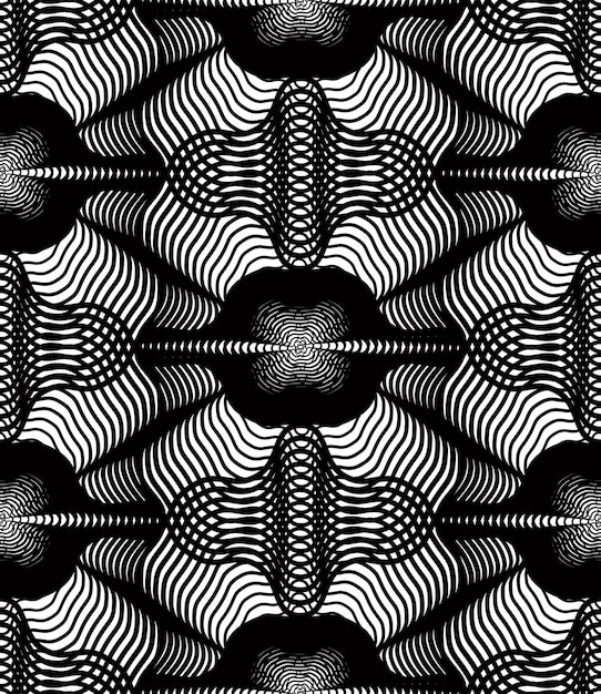 Black and white vector ornamental pattern, seamless art background decorated with monochrome lines, best for graphic and web design. Endless ornate, kaleidoscope effect.