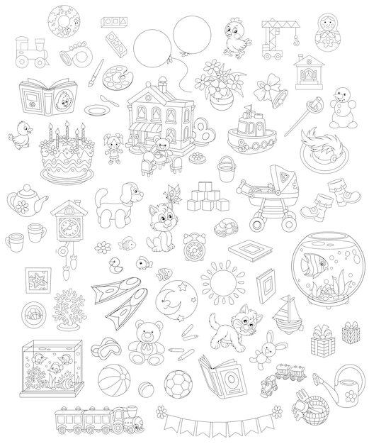 Vector black and white vector set of funny toys pets gifts and other objects