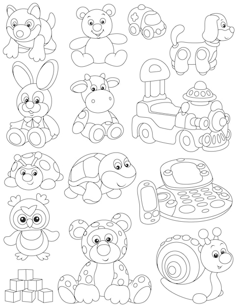 Black and white vector set of funny toys