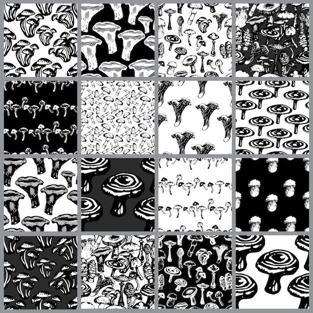 흑백 벡터는 벽지 패턴 채우기를 위한 버섯으로 원활한 패턴을 설정합니다.