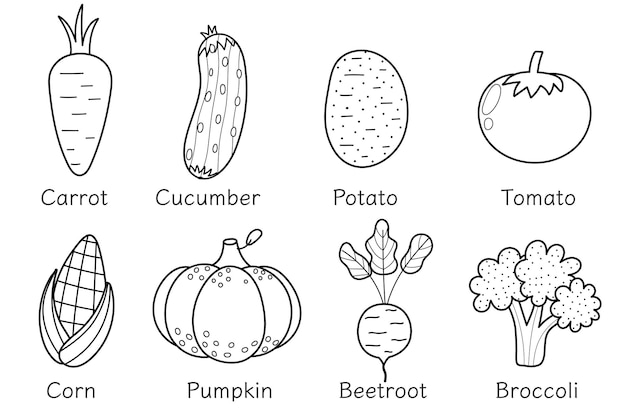 Raccolta di verdure in bianco e nero in stile cartone animato pagina di colorazione di alimenti sani