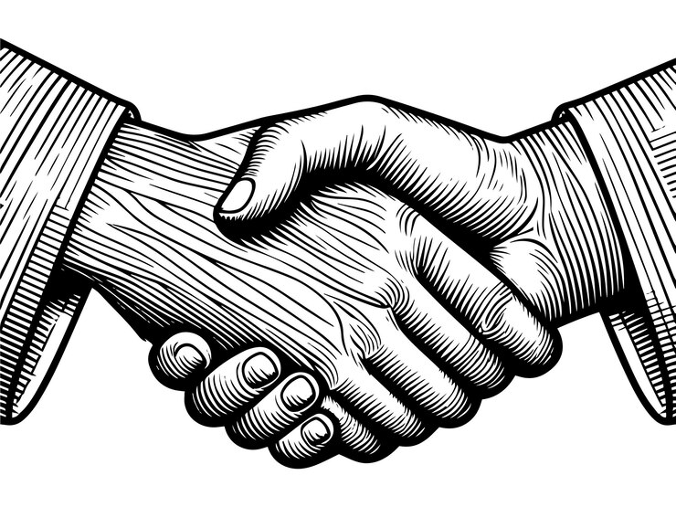 Vector black and white vintage engraving of two hands shaking generative ai