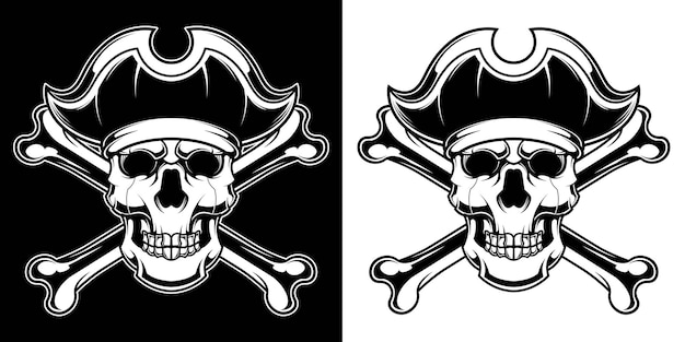 Vettore illustrazione del cranio del pirata dell'annata in bianco e nero