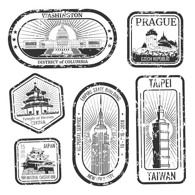 Black and white vintage travel stamps with major monuments and landmarks vector set