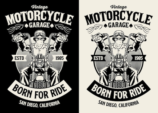 Vector black and white vintage tshirt design of motorbike garage