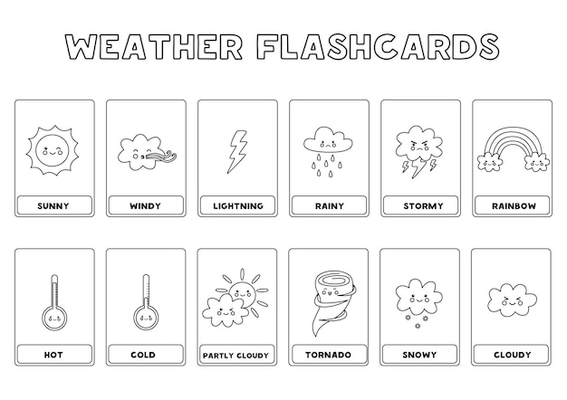 Black and white weather flashcards for kids