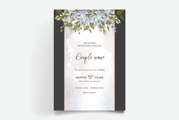 A black and white wedding invitation with blue flowers and a white background.
