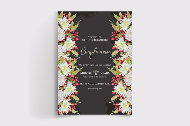 A black and white wedding invitation with a floral design.