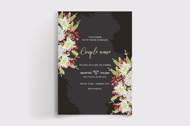 A black and white wedding invitation with a floral design.