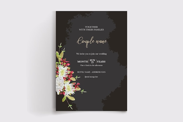 花のデザインが入った白黒の結婚式の招待状。