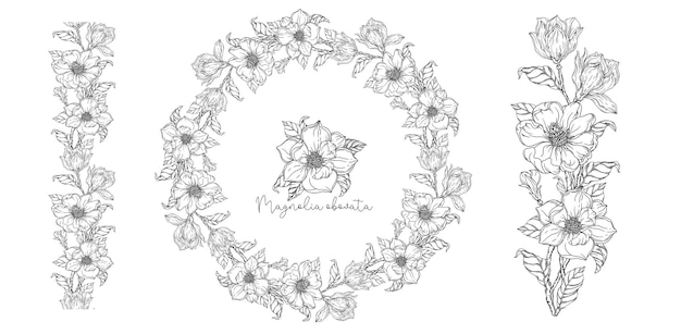 Black and white. White magnolia. Vector illustration. Botanical illustration. Flower Wreath