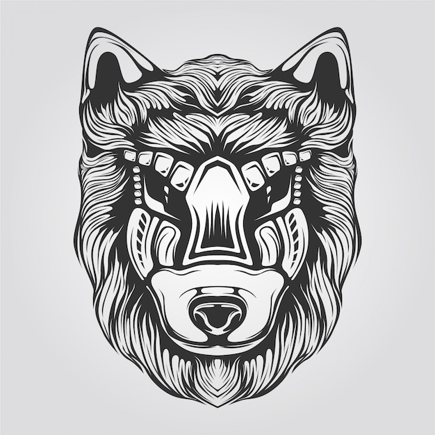 Black and white wolf line art for tatto or coloring book