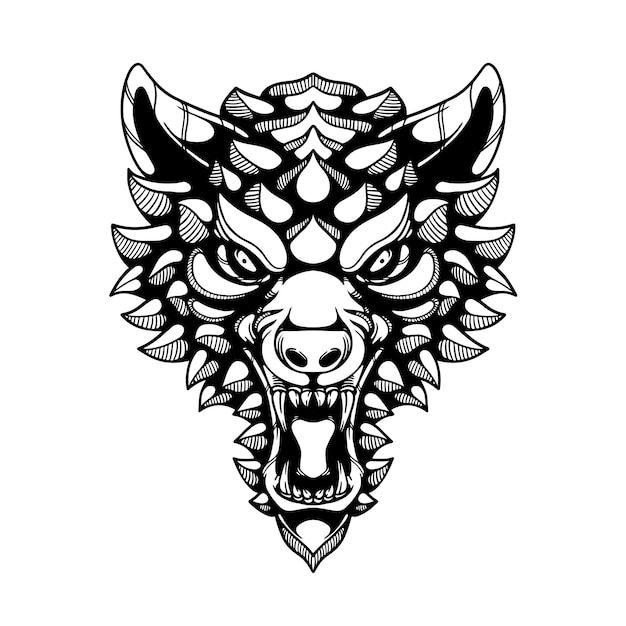 Black and white wolf tattoo artwork illustration