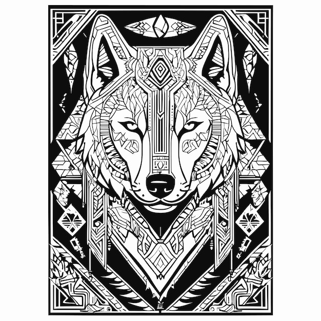 Black and white wolf with tribal design on black background vector