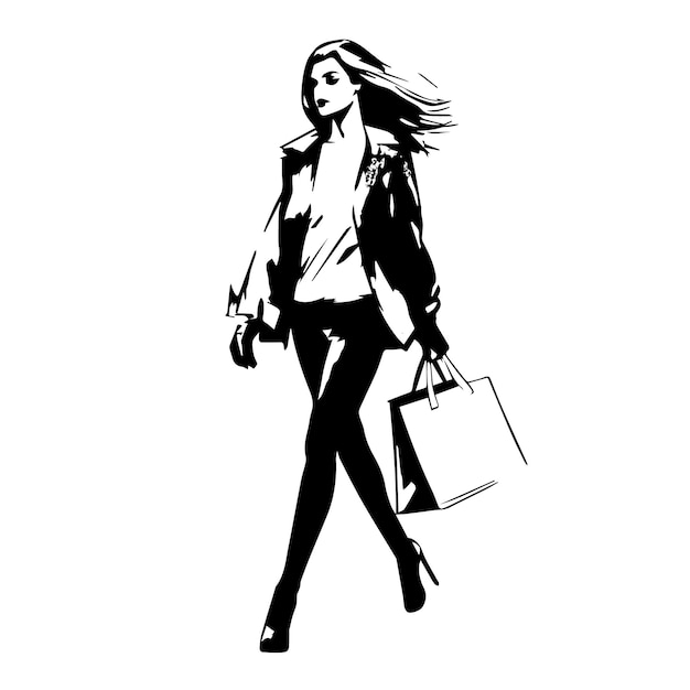 Vector a black and white of a woman goes shopping vector