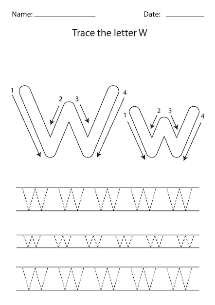 영어 알파벳 학습을 위한 흑백 워크시트입니다. 추적 문자 W