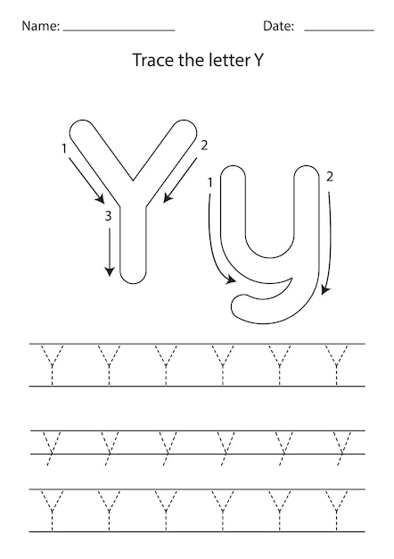 Black and white worksheet for learning english alphabet. trace letter y.