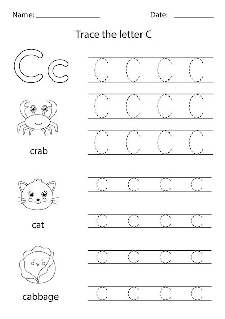 Foglio di lavoro in bianco e nero per l'apprendimento dell'alfabeto inglese. traccia la lettera c maiuscola e minuscola.