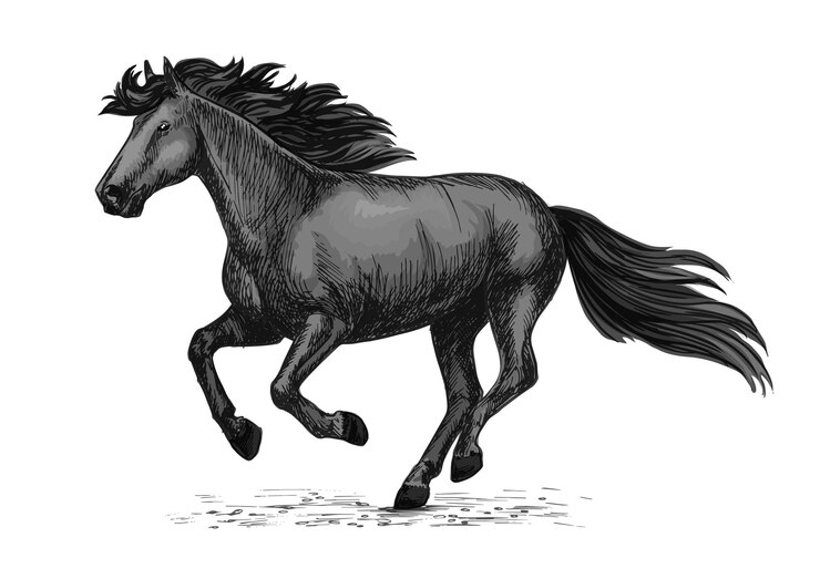 Vector black wild horse running on races vector sketch
