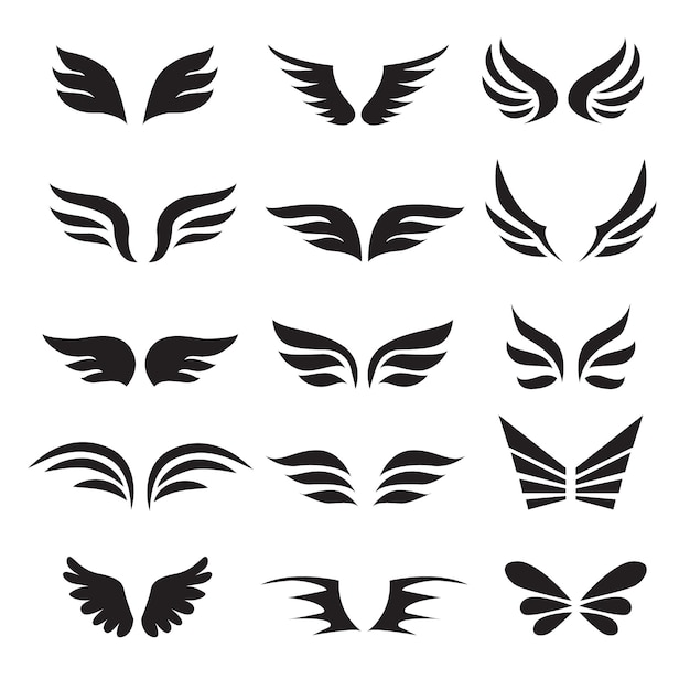 Black wings icons set on isolated white background. Vector illustration.