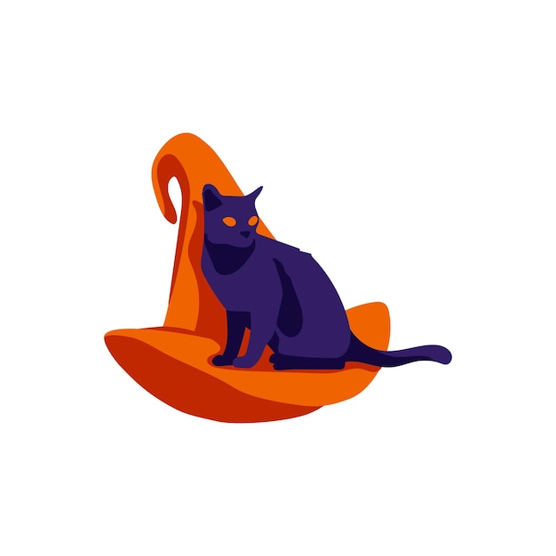 Vector black witch hat decorated with cat