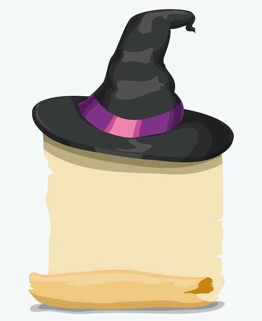 Черная шляпа ведьмы с древним шаблоном свитка. Векторная иллюстрация