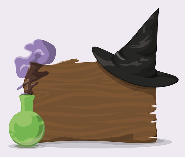 Vector black wizard hat on wood sign with magic potion vector illustration