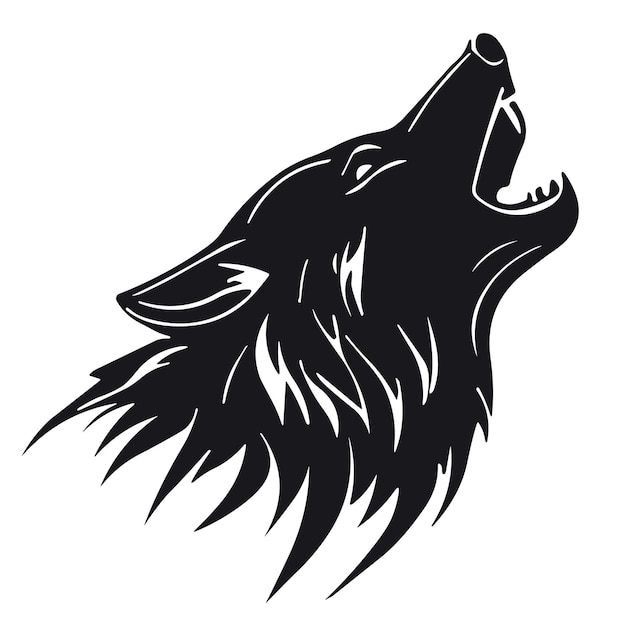 A black wolf head with a white background.