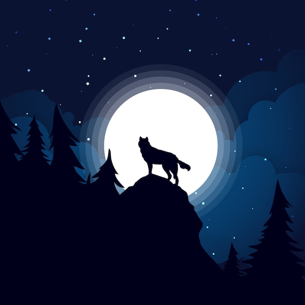 Black wolf Silhouette the background of the full moon.