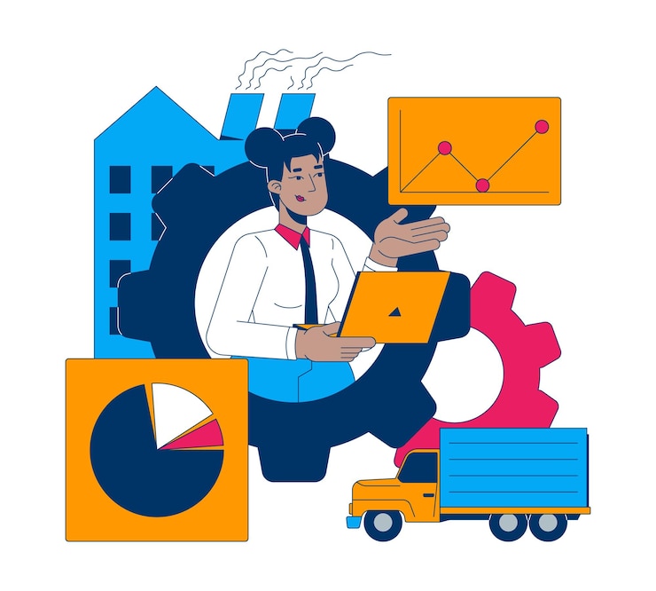 Vector black woman analyzing industrial and logistics data 2d illustration concept