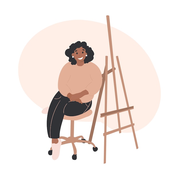 Black woman artist sitting at easel, hobby, painting, art studio, art classes, workshop concept