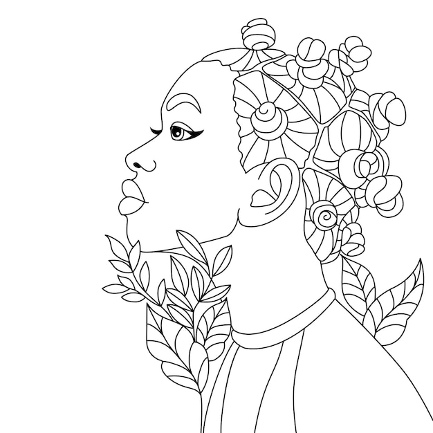 Black woman Bantu knots hairstyle modern afro girl hairstyle vector coloring page illustration